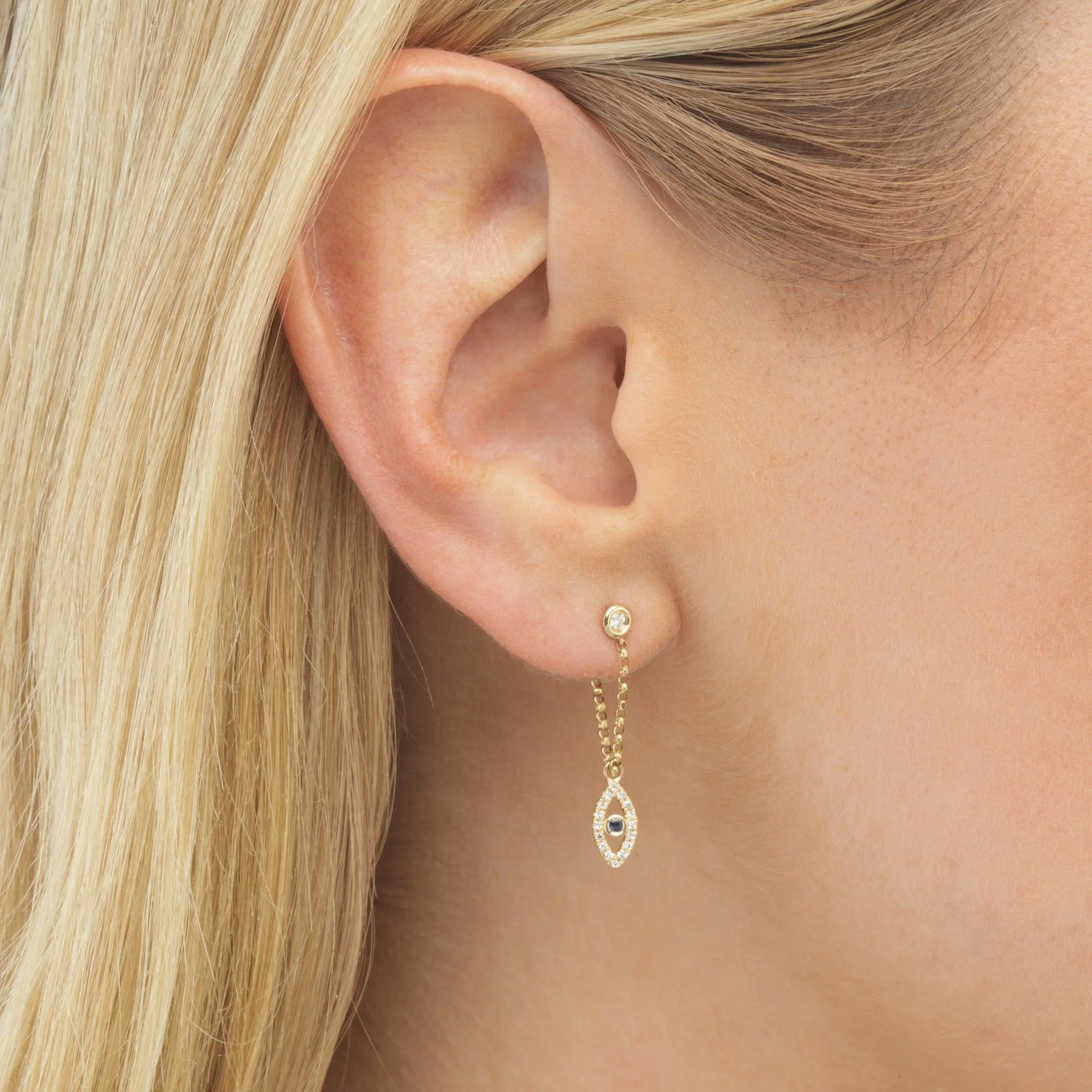 Diamond Evil Eye Chain Stud Earring 14K
