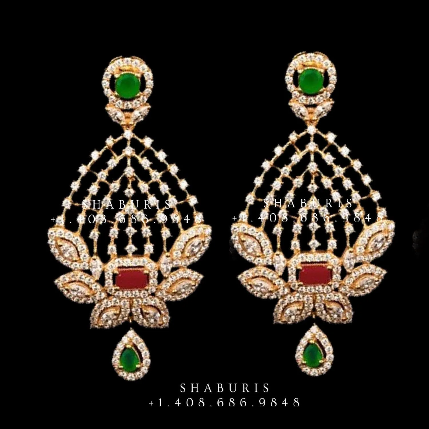 Diamond Jhumka,diamond chandbali,diamond earrings indian,detatchable diamond jhumka,swarovski diamond jhumka,chandbali earrings-SHABURIS