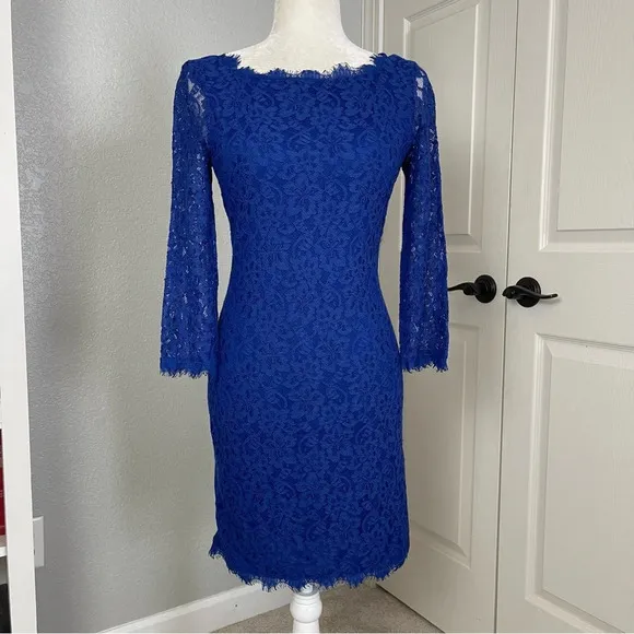 Diane Von Furstenberg DVF Zarita Lace Sheath Dress Cobalt Blue Size 2