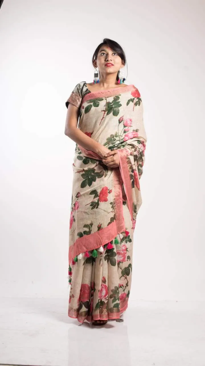 Digital Floral Print Linen Saree In Offwhite