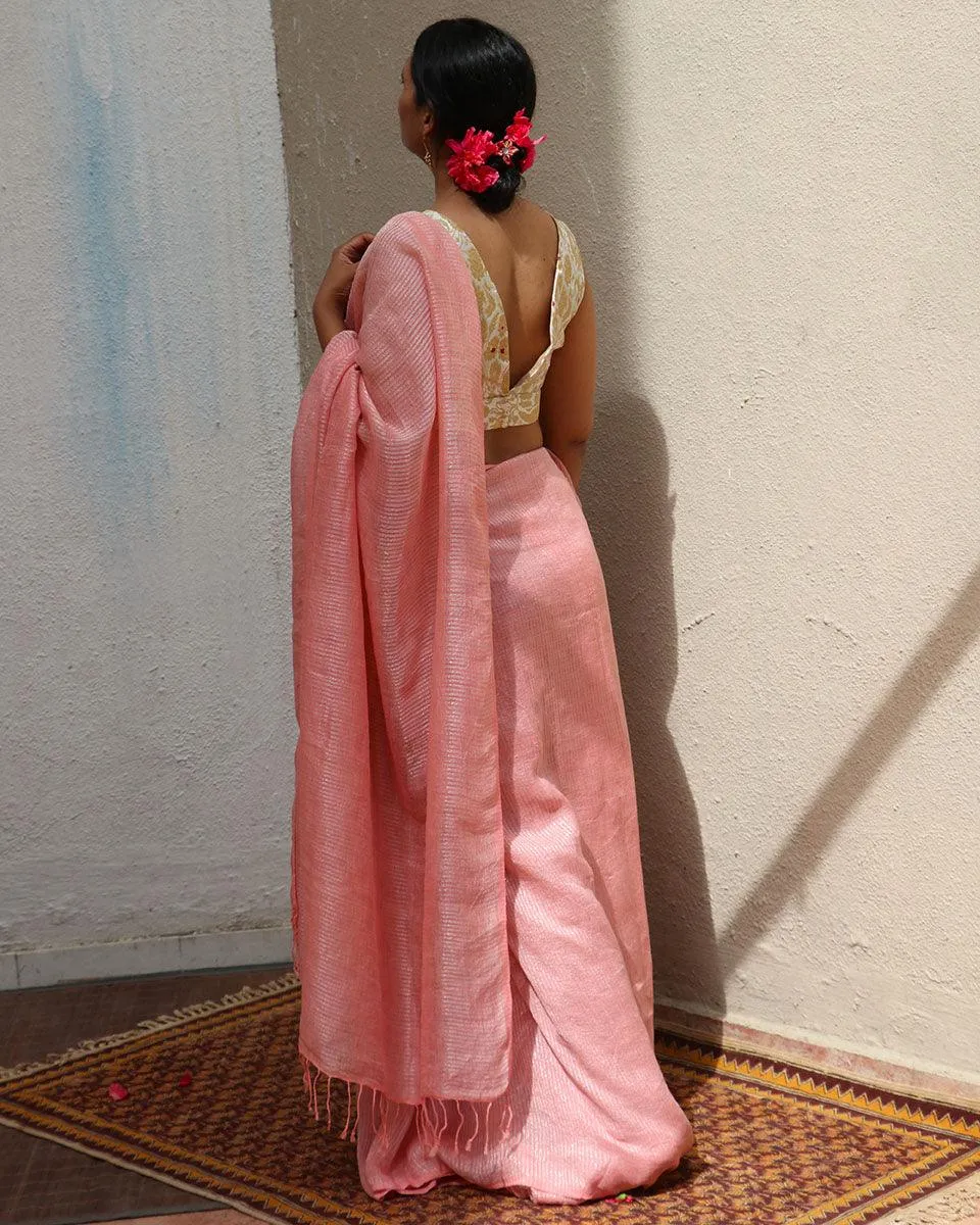 Dilruba Baby Pink Handwoven Linen Zari Saree - TOG