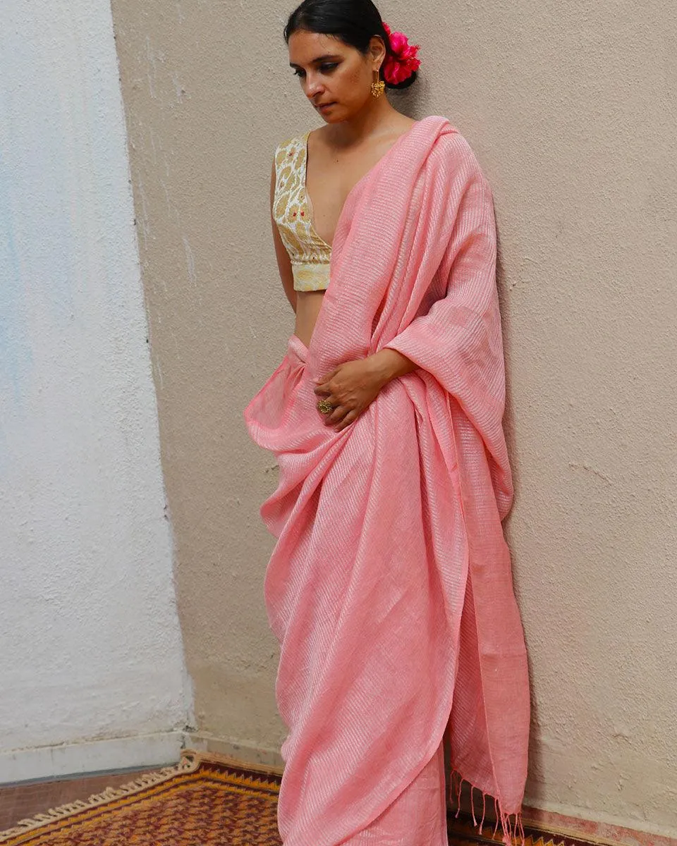 Dilruba Baby Pink Handwoven Linen Zari Saree - TOG