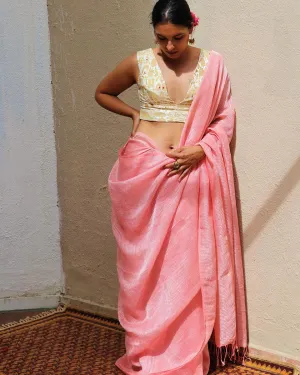 Dilruba Baby Pink Handwoven Linen Zari Saree - TOG