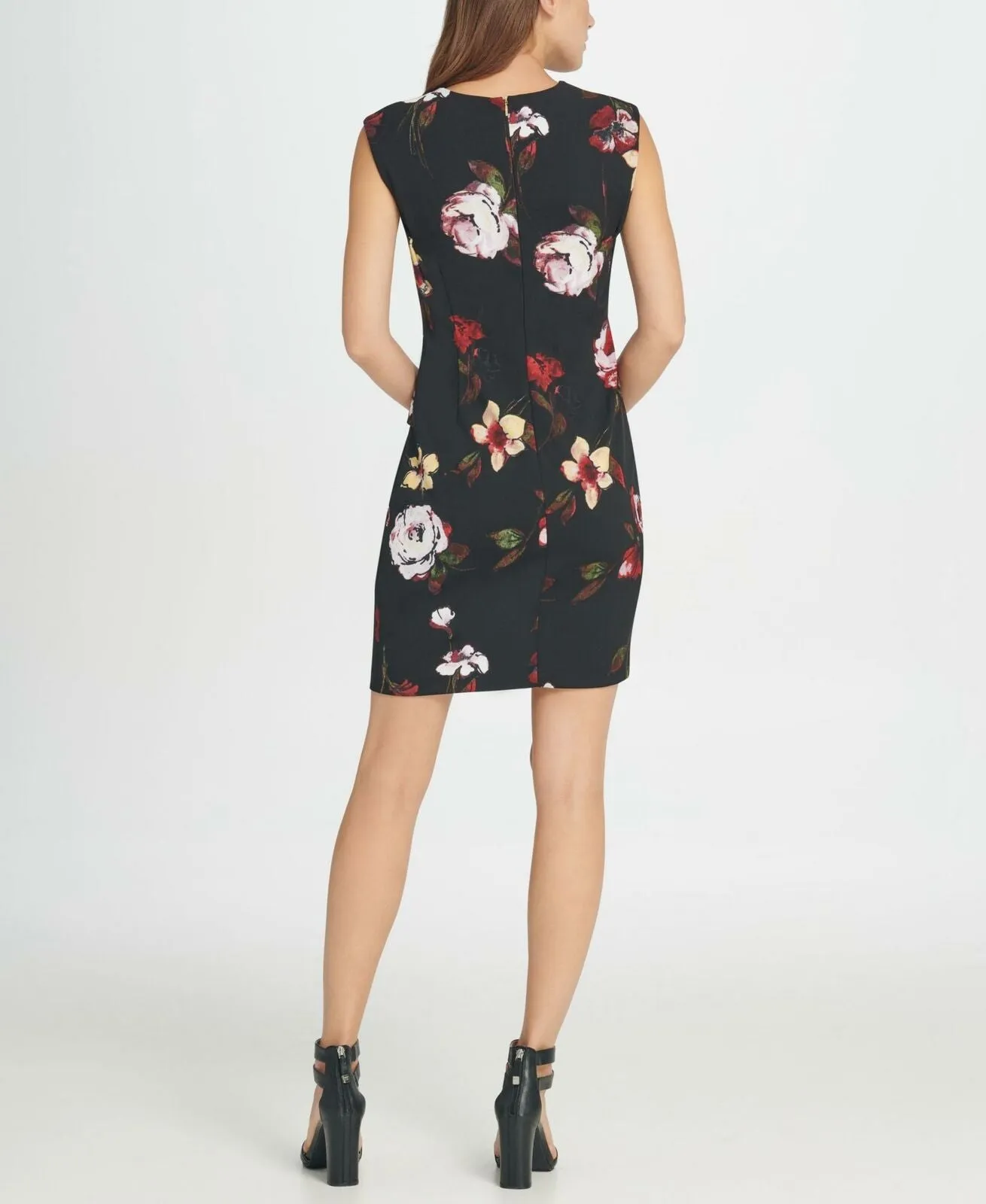 DKNY Women's Floral Print Sleeveless Ruched Sheath Dress