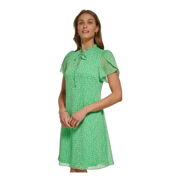 DKNY Womens Green Tie Lined Tulip Sleeve Split Sheath Dress Petites 2P