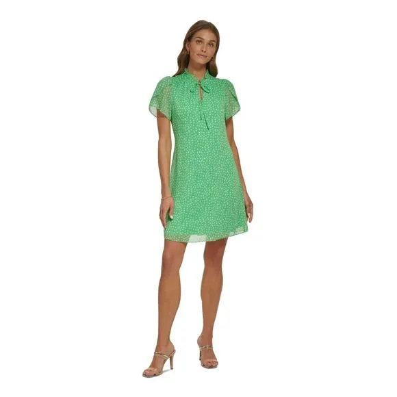 DKNY Womens Green Tie Lined Tulip Sleeve Split Sheath Dress Petites 2P