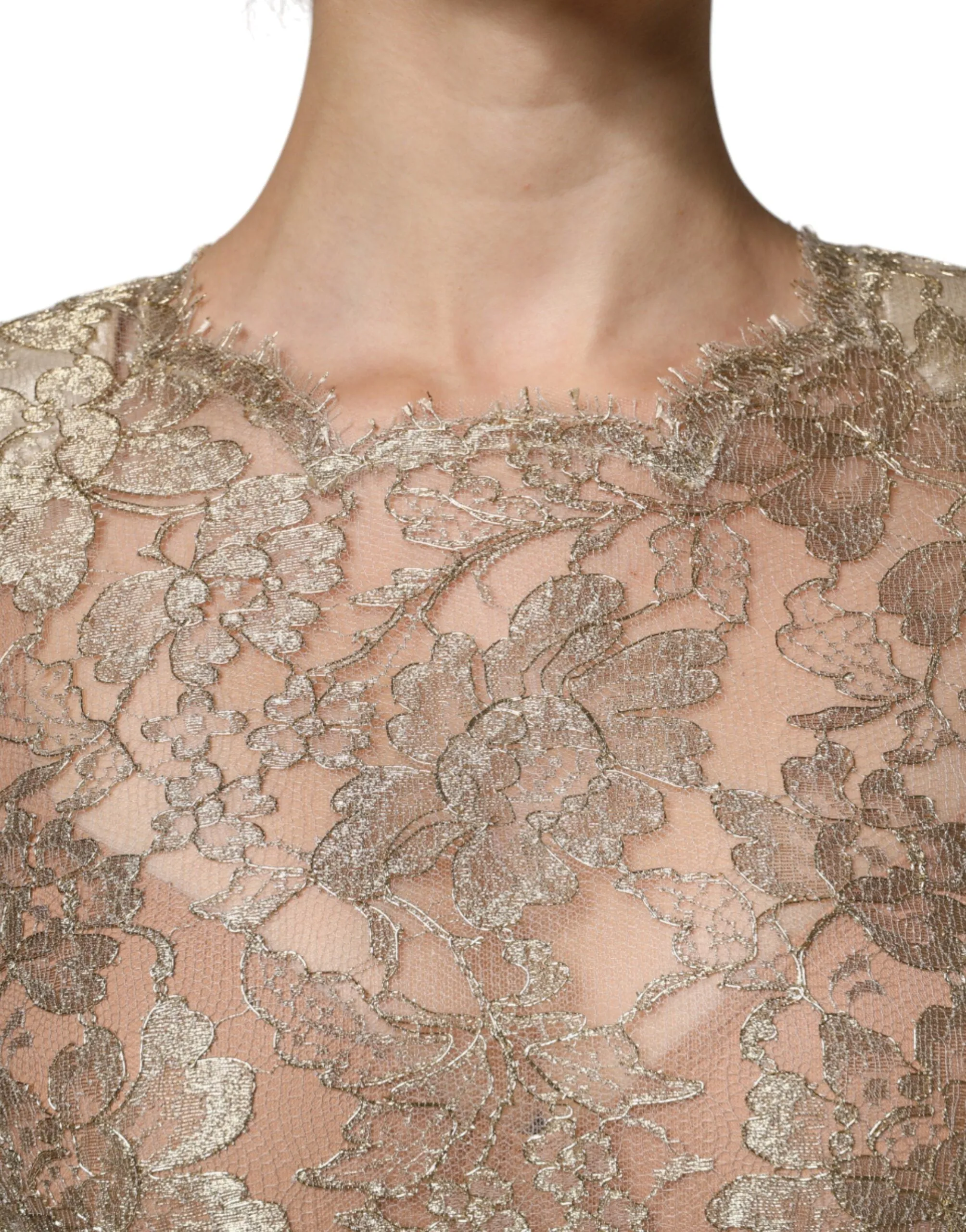 Dolce&Gabbana Women Gold Dress Nylon Floral Lace A-Line Mini Bodycon Wrap IT 46