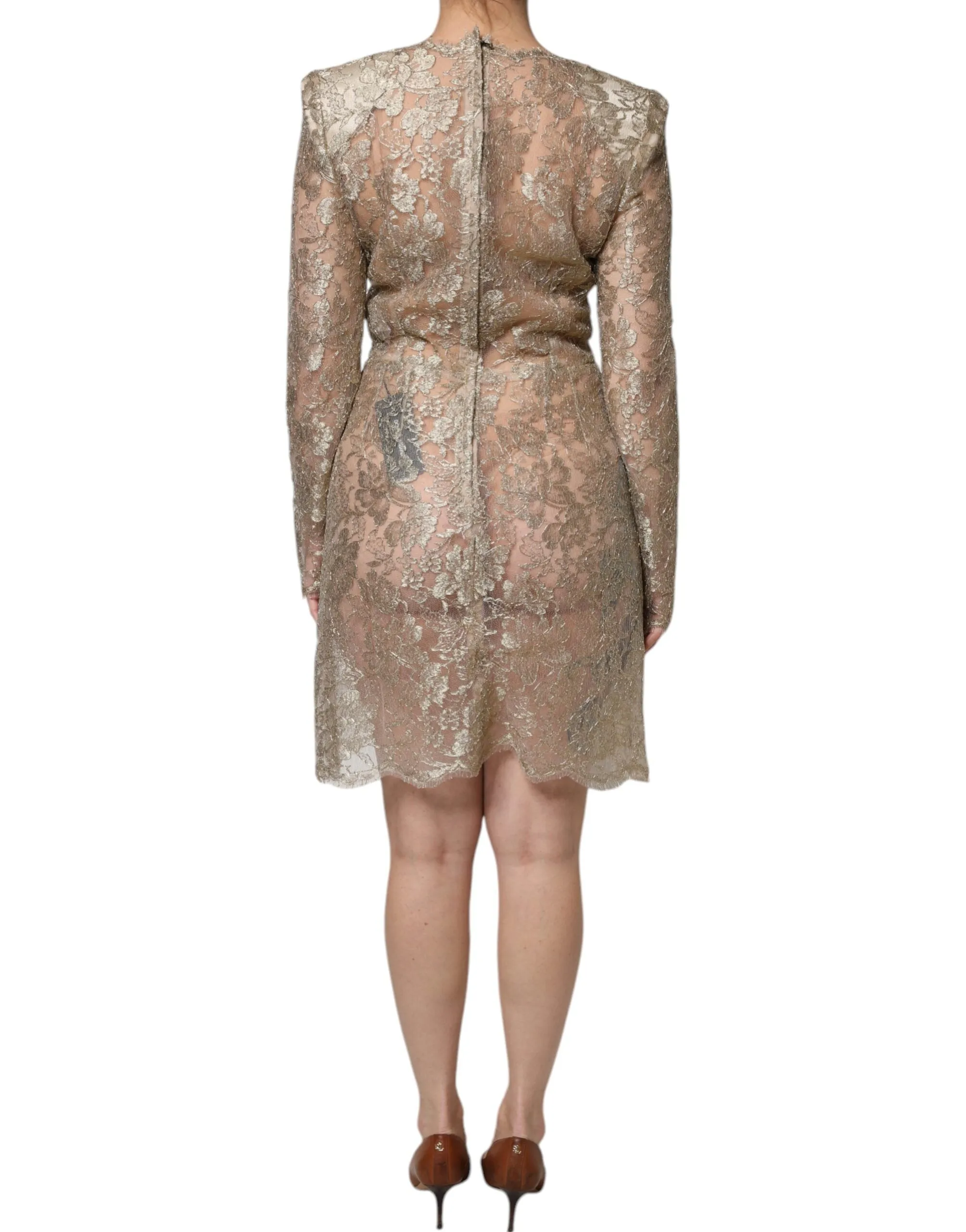Dolce&Gabbana Women Gold Dress Nylon Floral Lace A-Line Mini Bodycon Wrap IT 46