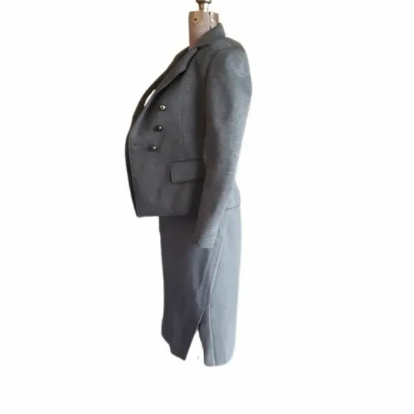 Donna Karan Grey 2 Piece Skirt Suit Side Slits, Made in Italy