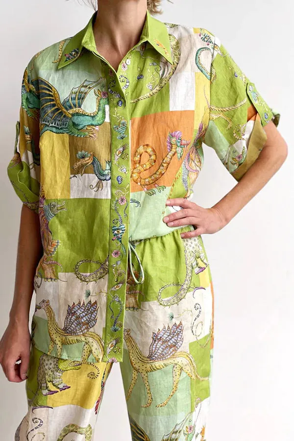 Dragon Family Linen Blend Printed Button Down Oversized Blouse