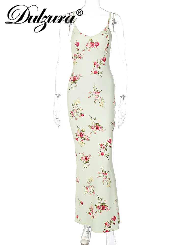 Dulzura Floral Print Backless Bodycon Maxi Dress