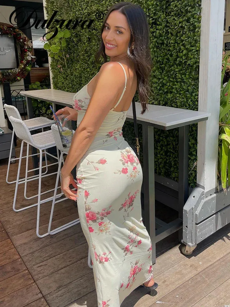 Dulzura Floral Print Backless Bodycon Maxi Dress