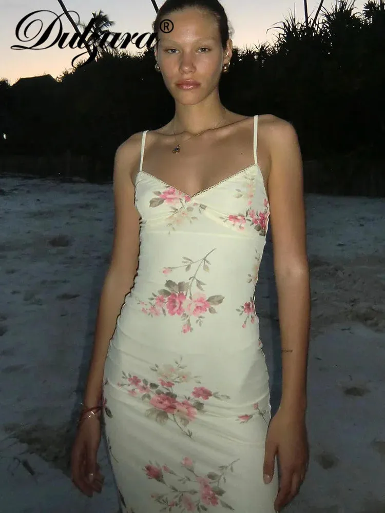 Dulzura Floral Print Backless Bodycon Maxi Dress