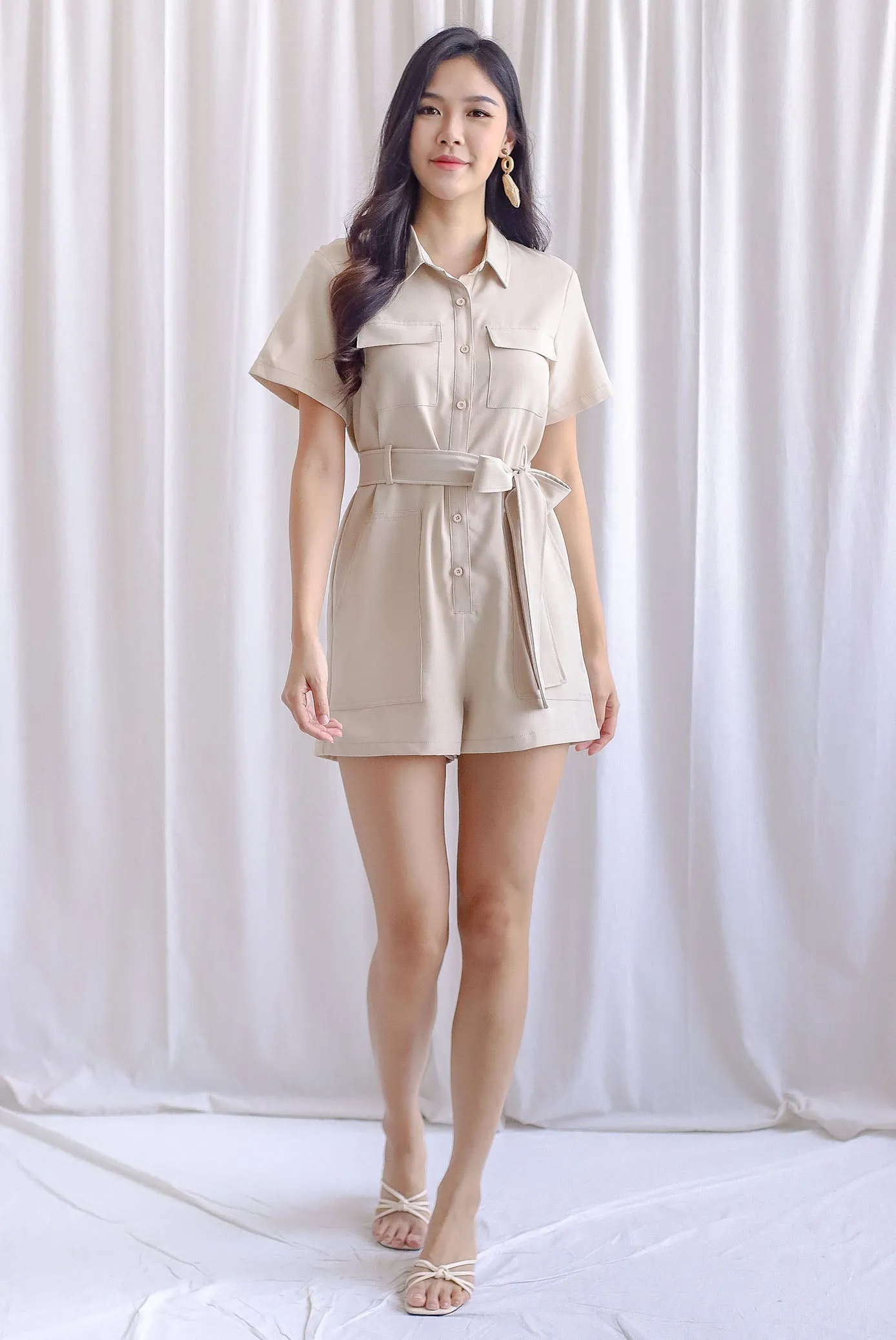 Edith Utility Romper In Ecru