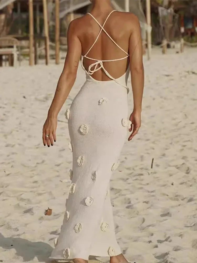 Elegant 3D Flower Knitted Maxi Dress