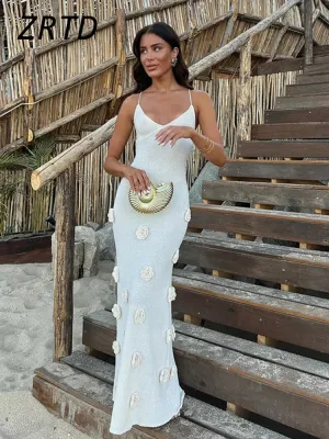 Elegant 3D Flower Knitted Maxi Dress