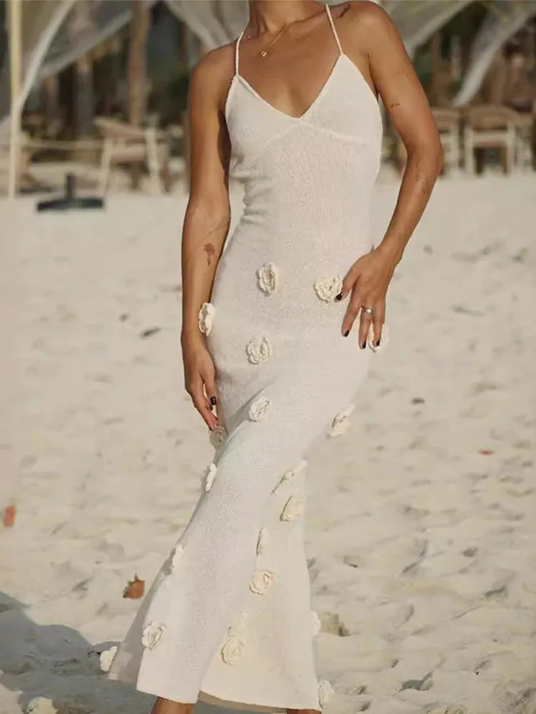 Elegant 3D Flower Knitted Maxi Dress