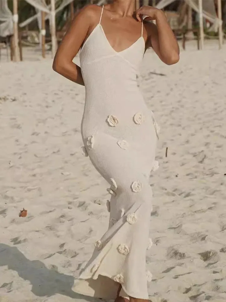 Elegant 3D Flower Knitted Maxi Dress