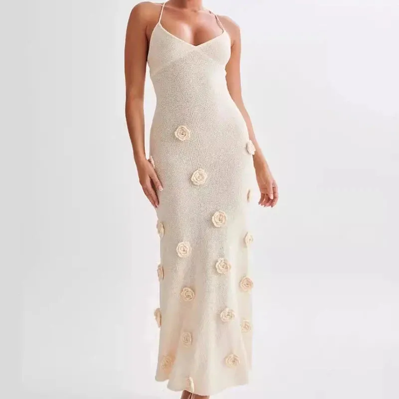 Elegant 3D Flower Knitted Maxi Dress