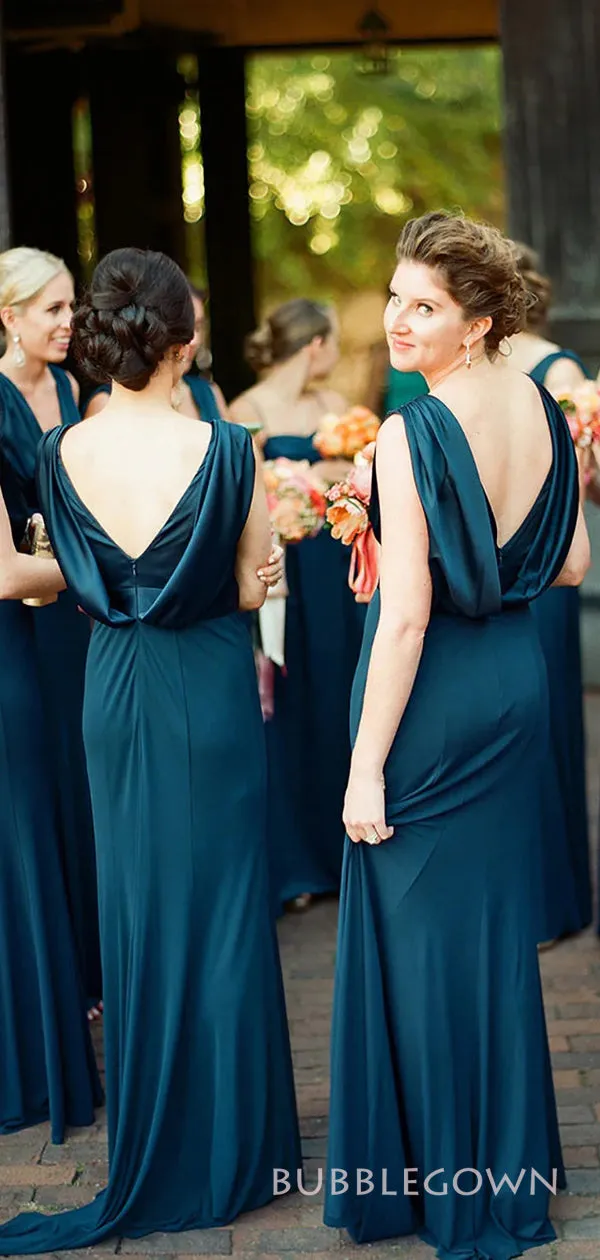 Elegant Navy Blue V-neck Long Custom Mermaid Bridesmaid Dresses, BGB0115