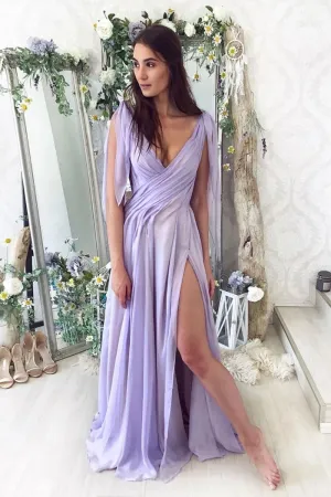 Elegant V Neck Purple Chiffon Long Prom Dress with Slit, V Neck Purple Formal Dress, Purple Evening Dress
