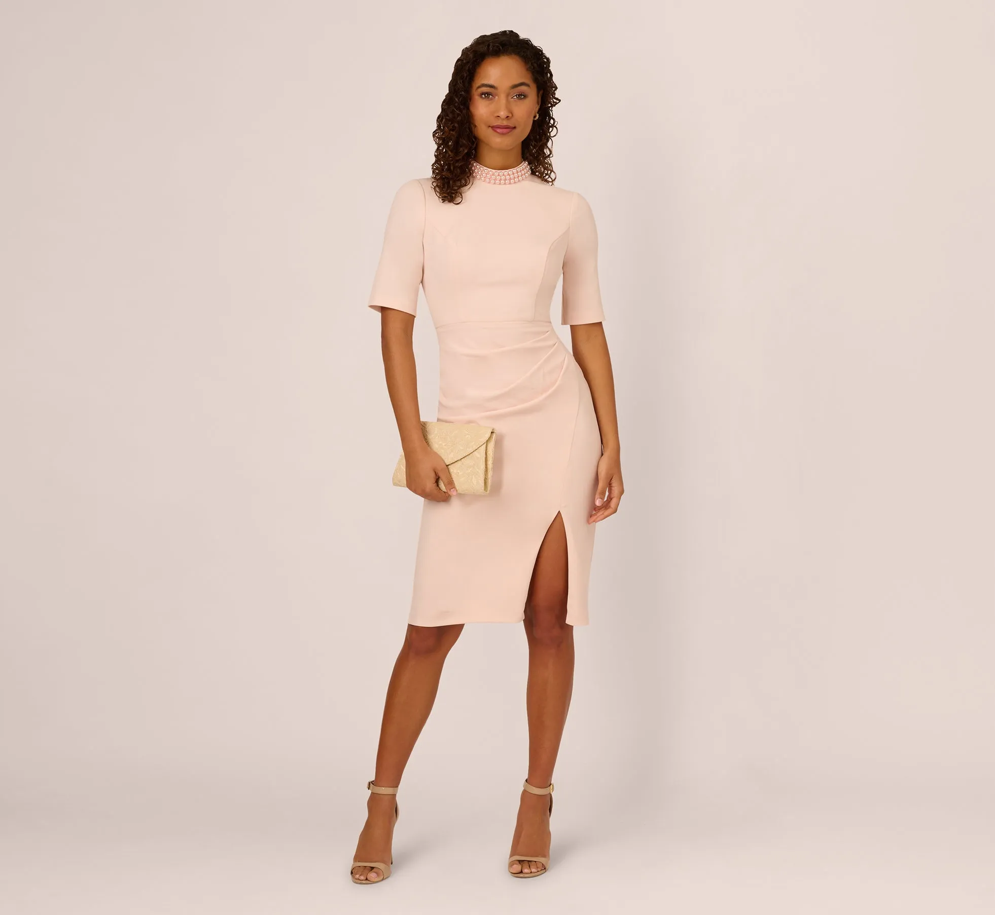 Embellished Short Sleeve Crepe Midi Sheath Dress In Joyful Blush