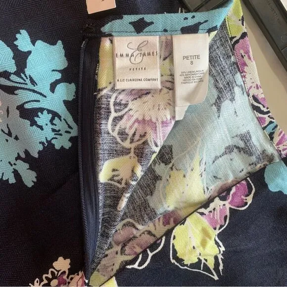 Emma James Petite Linen Blend Midi Skirt and Jacket Suit Sz 10P Floral Print New