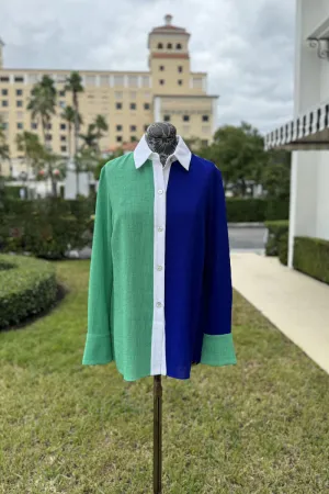 Emmelle Micro Linen  Tri-Color Blouse in Seafoam, Cobalt, and White
