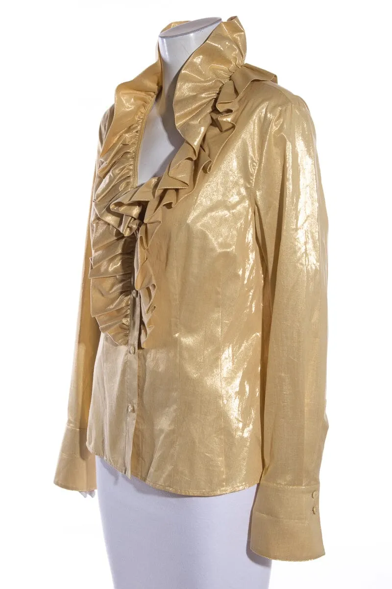 Escada Gold Lurex Thread Ruffle Blouse SZ M