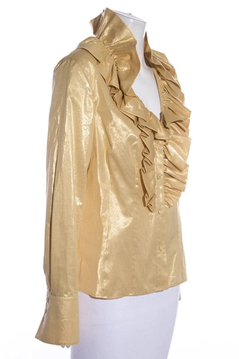 Escada Gold Lurex Thread Ruffle Blouse SZ M