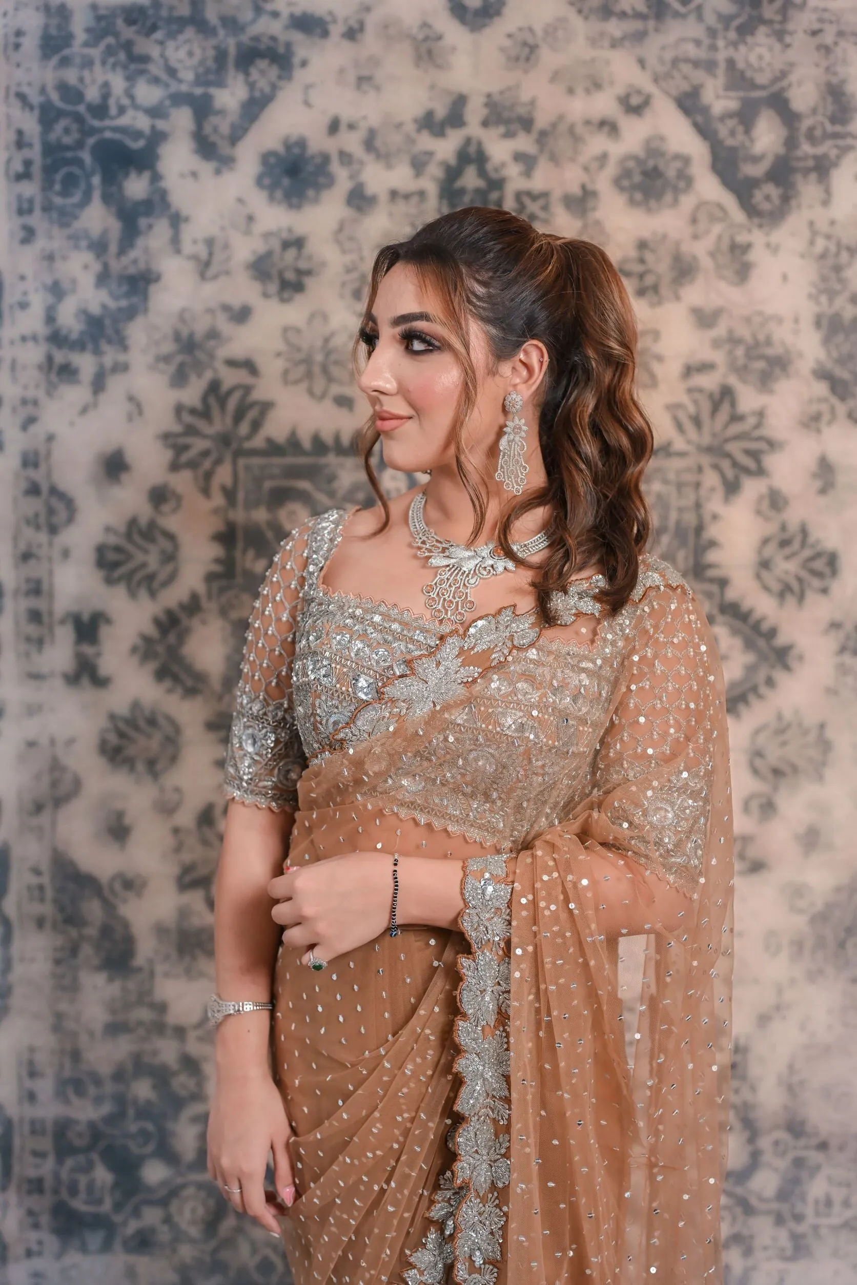 Fawn Brown Colored Net Saree