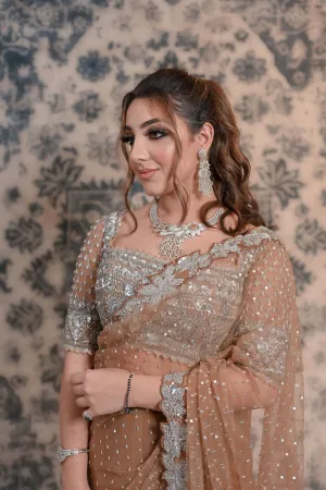 Fawn Brown Colored Net Saree