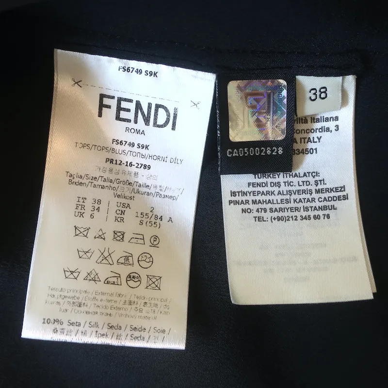 Fendi Ruffle Sleeve Blouse Black Mesh-Trimmed Silk Size 38