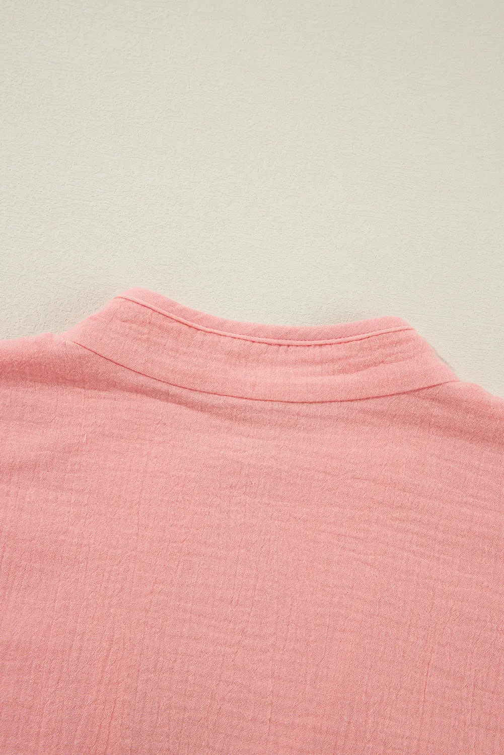 Flamingo Plus Size Solid Color Chest Pockets Crinkled Blouse