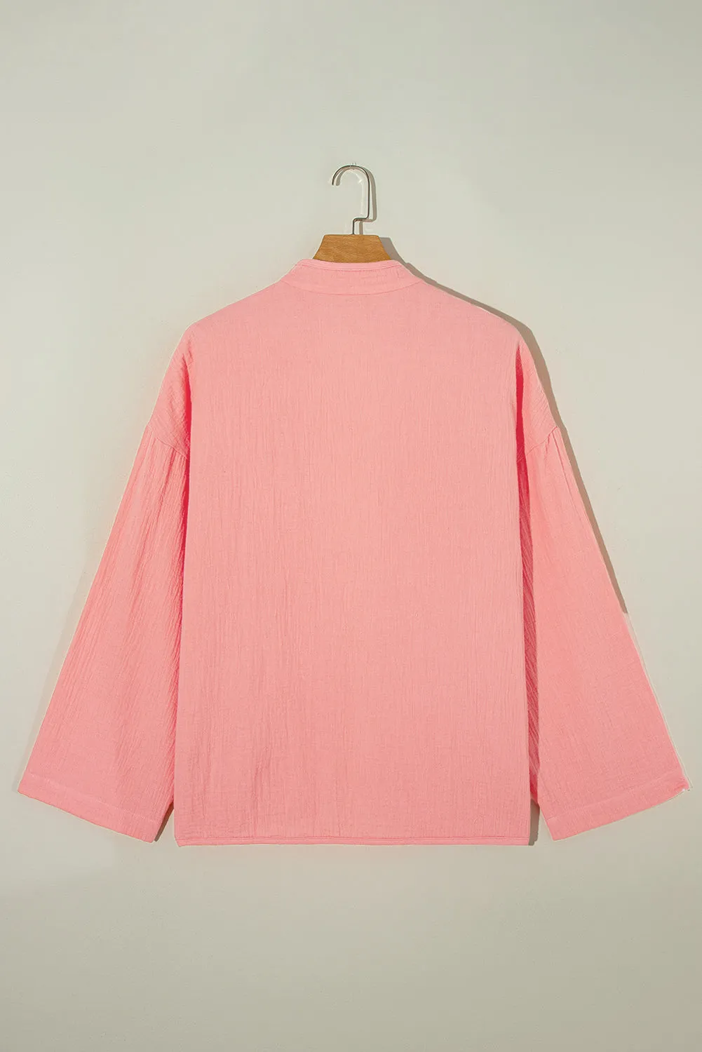 Flamingo Plus Size Solid Color Chest Pockets Crinkled Blouse