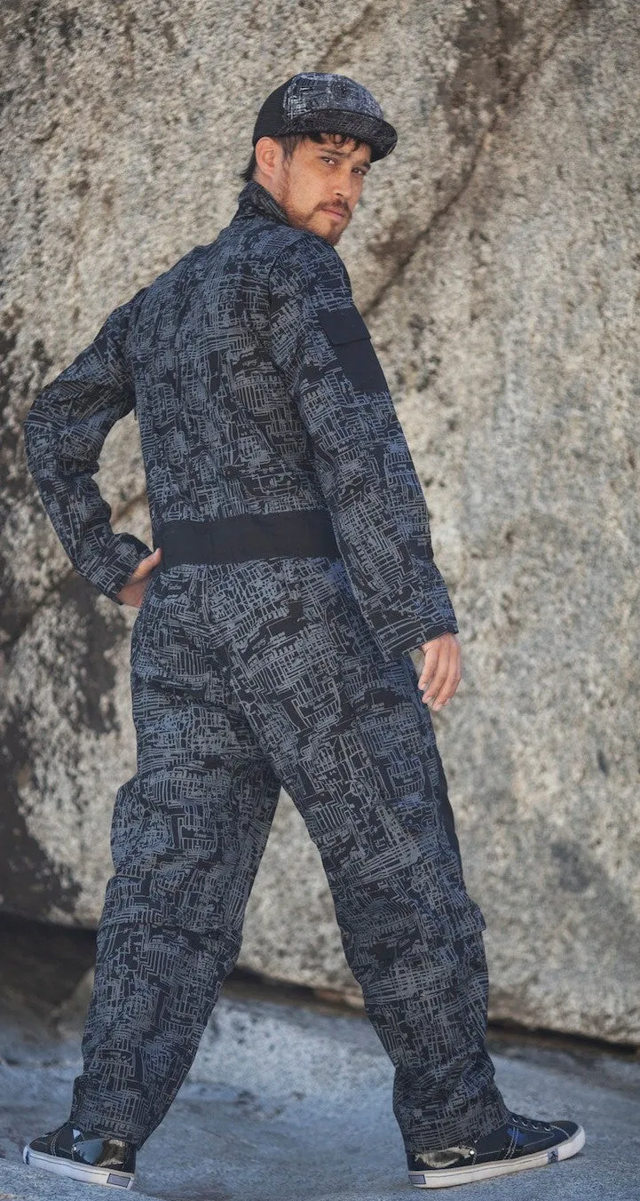 Flight Suit, Jump Suit, Mens Onsie, Hip Hop, Burning Man, Hipster, Black Cover Alls, Festival Wear, Screen Printed,