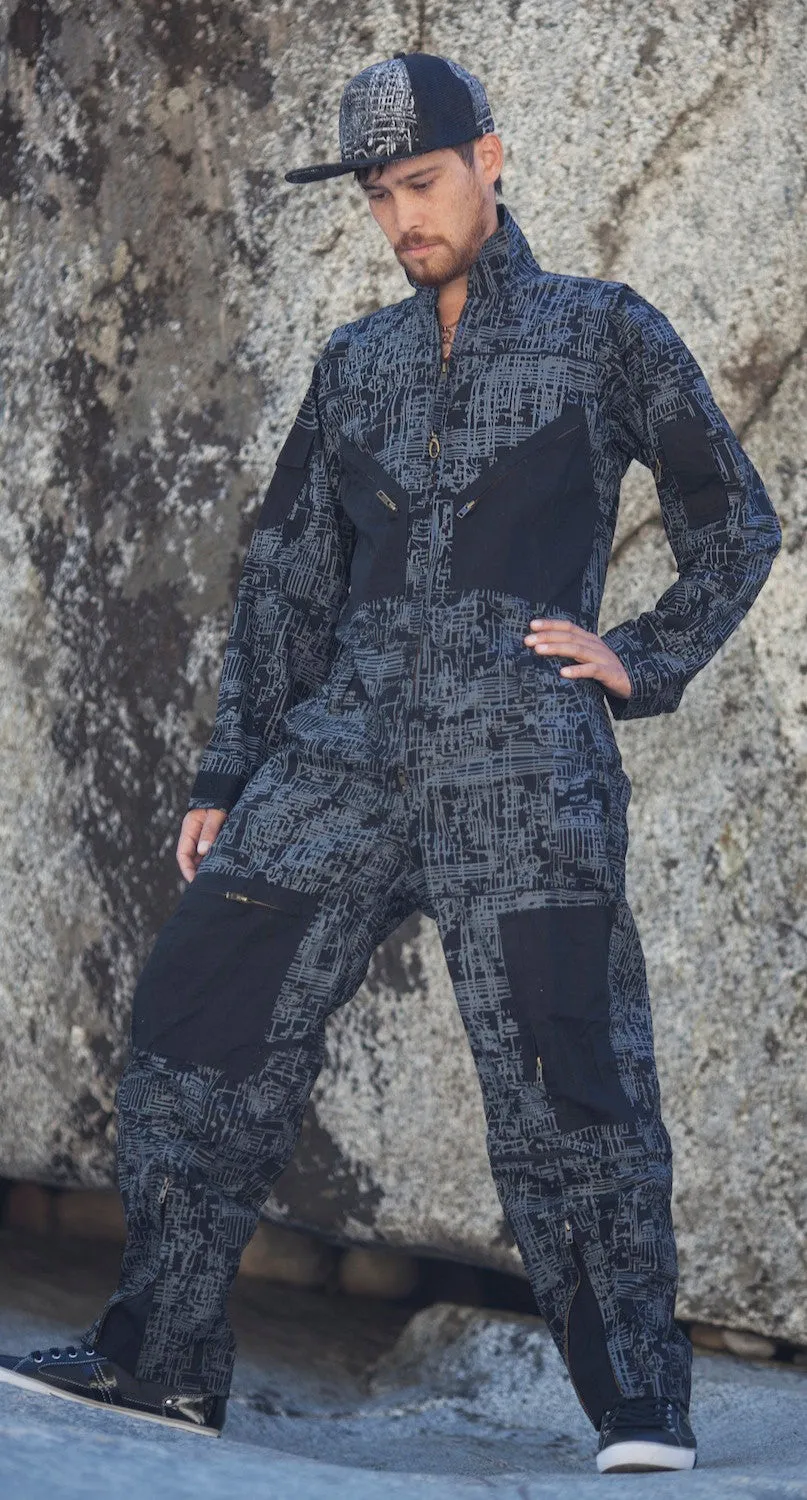Flight Suit, Jump Suit, Mens Onsie, Hip Hop, Burning Man, Hipster, Black Cover Alls, Festival Wear, Screen Printed,