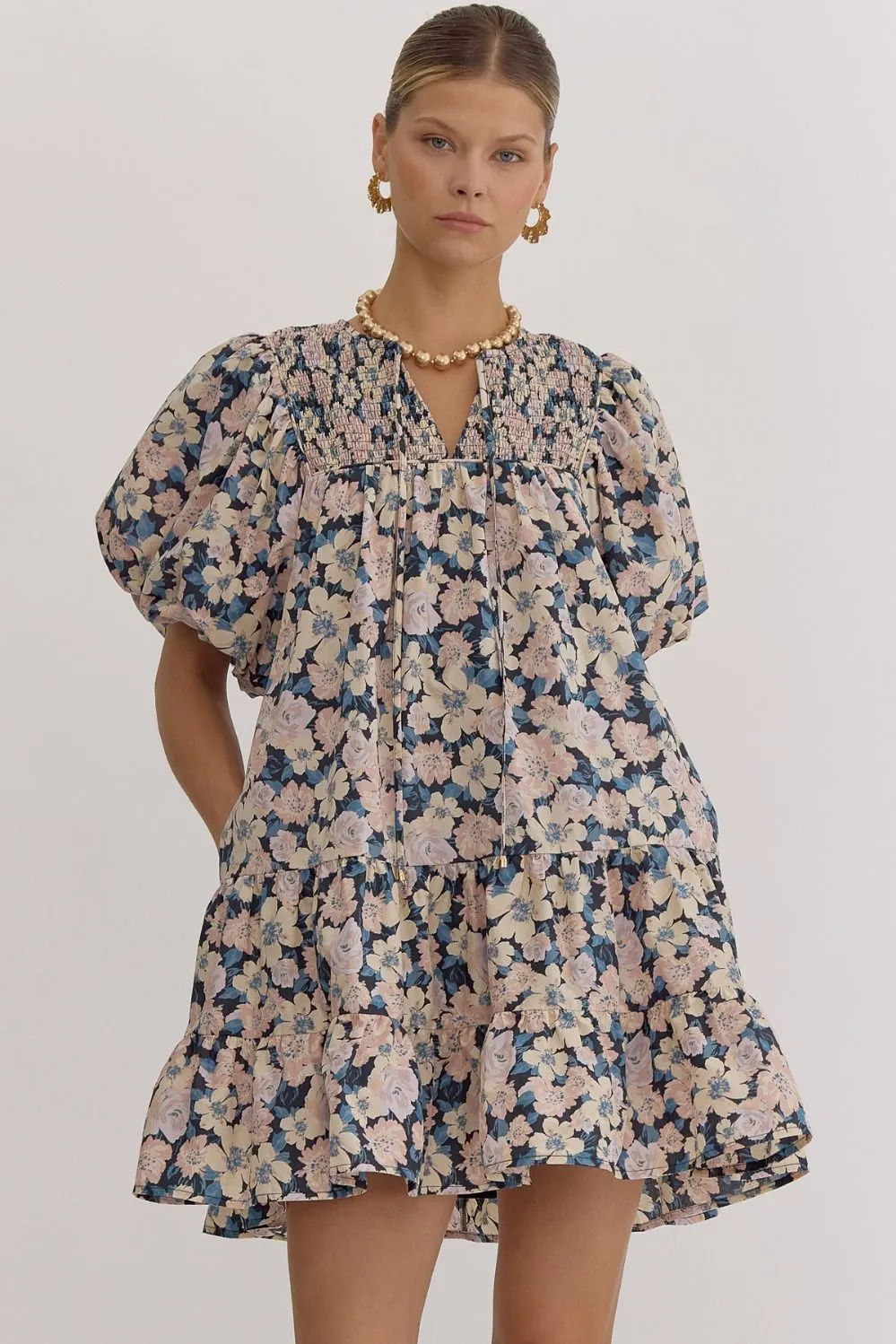 Floral Bubble Sleeve Mini Dress {Charcoal Blue}