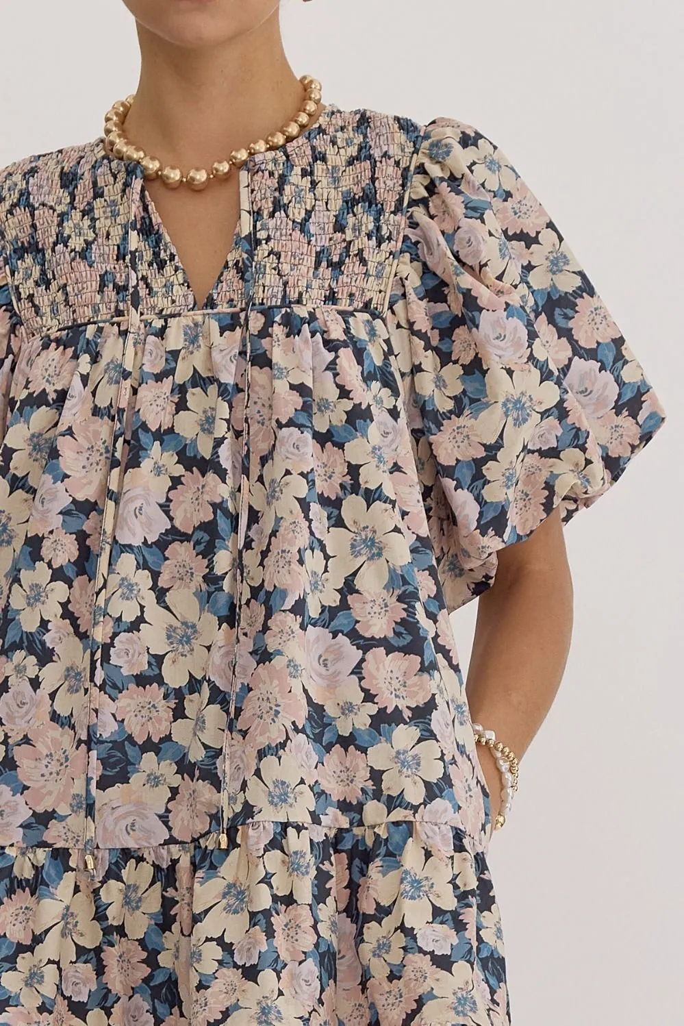 Floral Bubble Sleeve Mini Dress {Charcoal Blue}