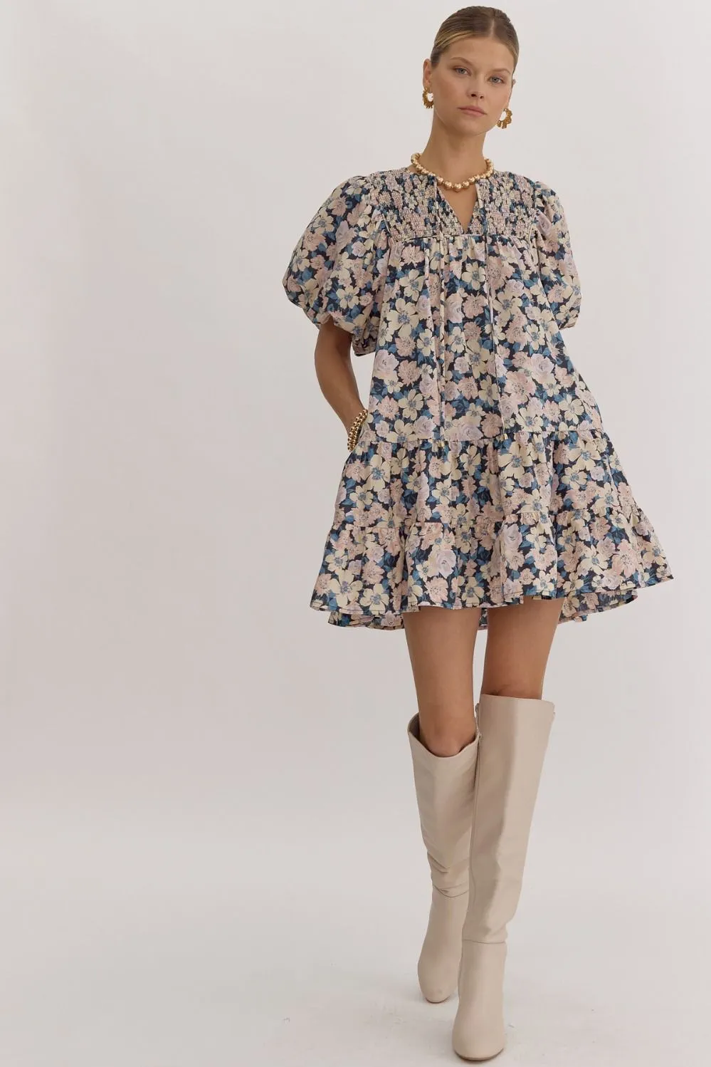 Floral Bubble Sleeve Mini Dress {Charcoal Blue}