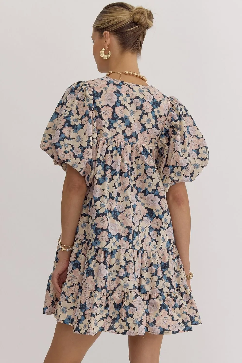 Floral Bubble Sleeve Mini Dress {Charcoal Blue}