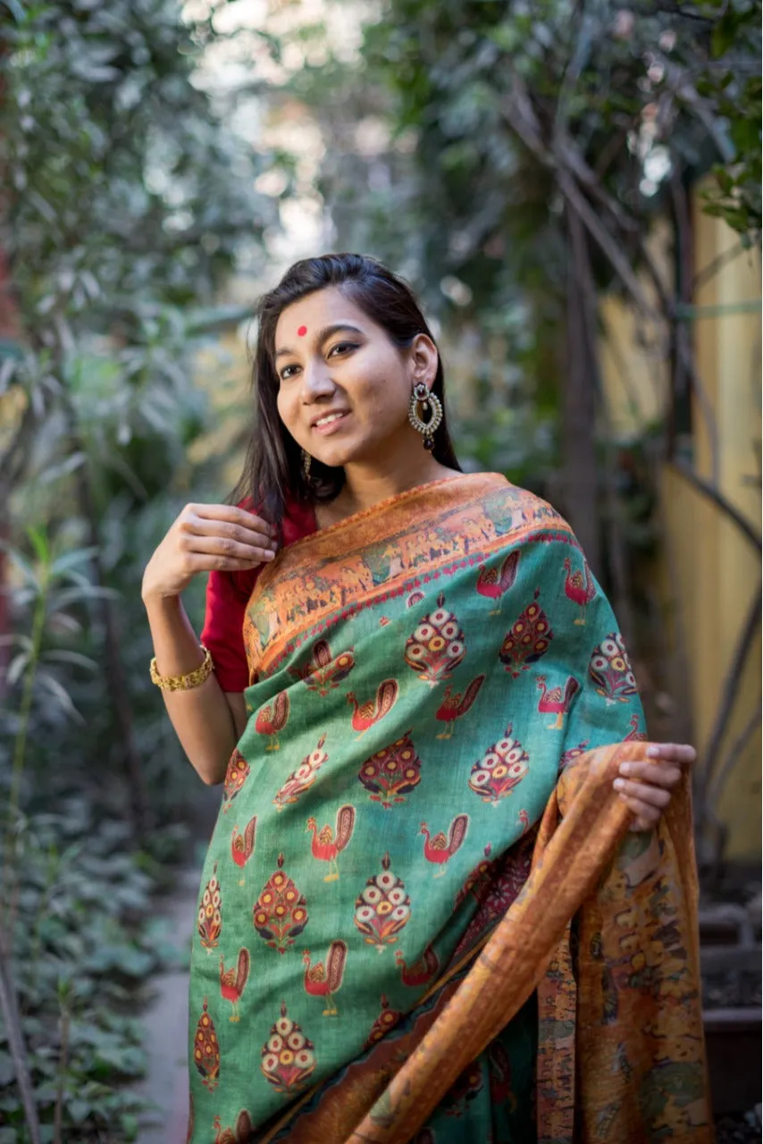 Floral Digital Print Linen Saree In White