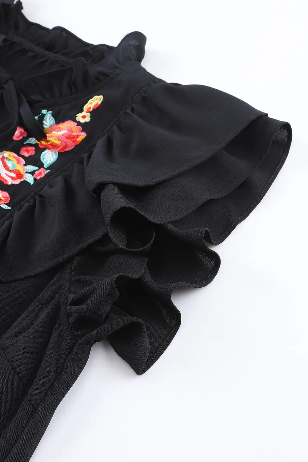 Floral Embroidered Ruffled Puff Sleeve Blouse