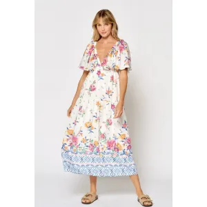 FLORAL PRINT DEEP V-NECK FLOWY MAXI DRESS