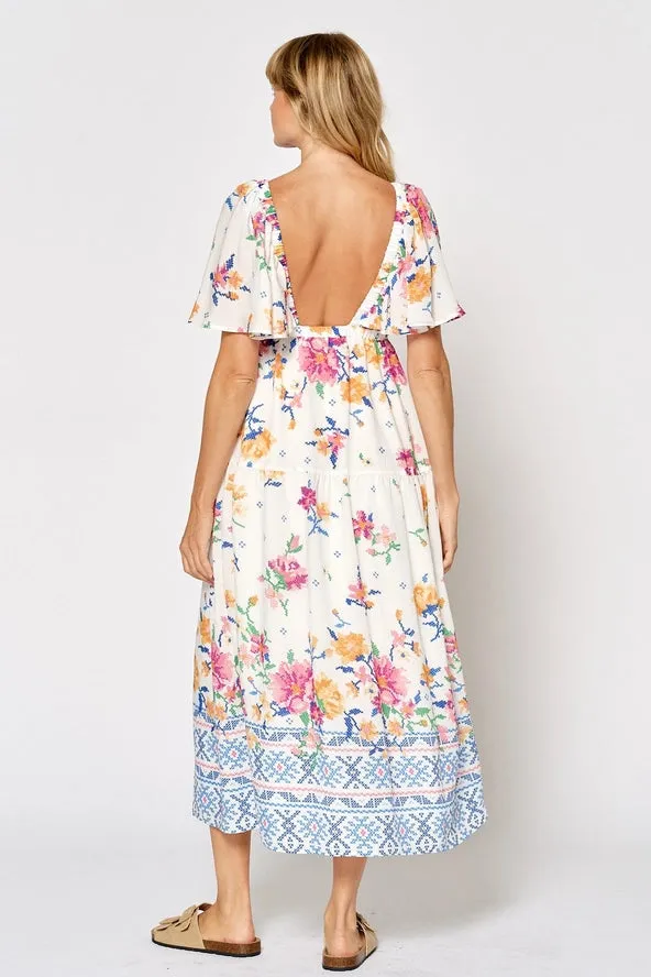 FLORAL PRINT DEEP V-NECK FLOWY MAXI DRESS