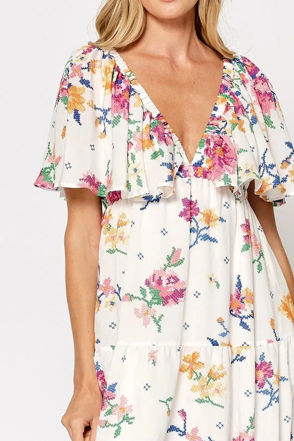 FLORAL PRINT DEEP V-NECK FLOWY MAXI DRESS