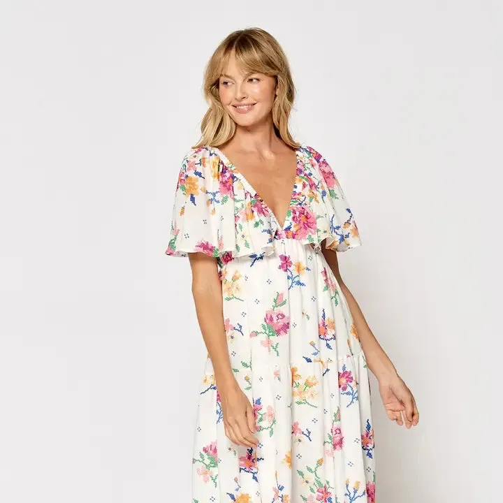 FLORAL PRINT DEEP V-NECK FLOWY MAXI DRESS
