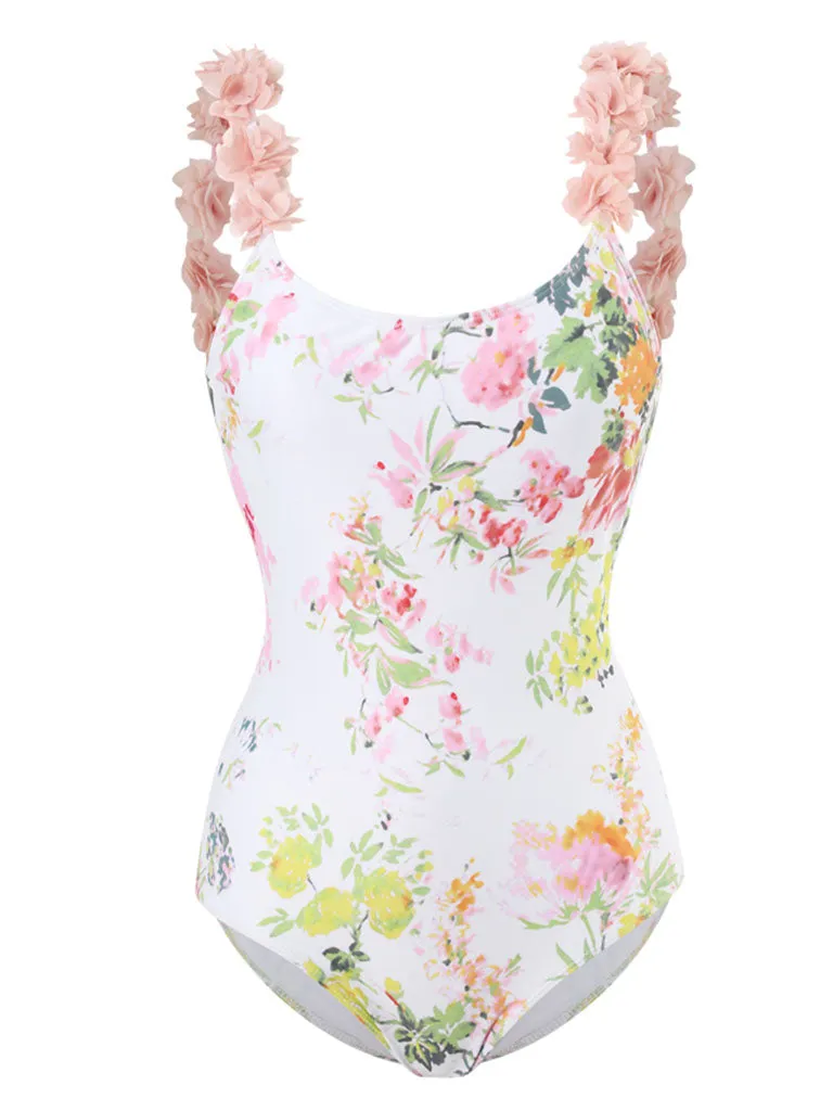 Floral Print Flower Strap One Piece With Bathing Suit Wrap Skirt