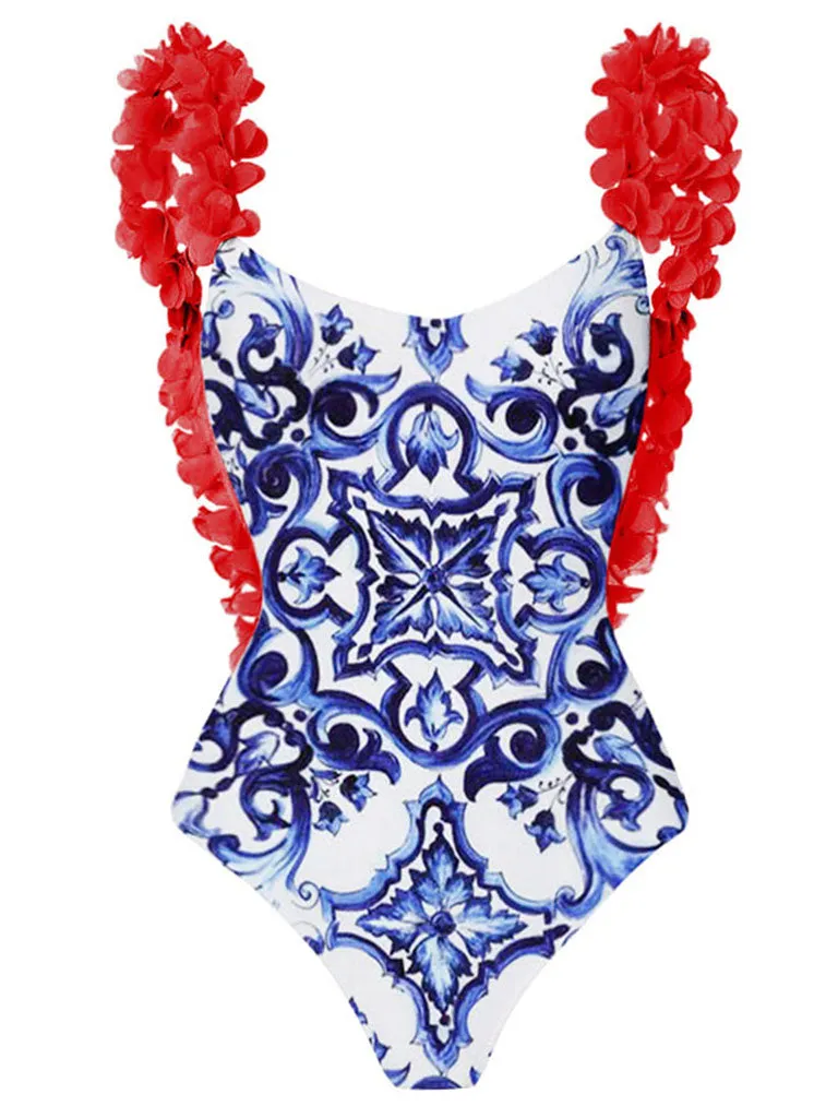 Floral Print Flower Strap One Piece With Bathing Suit Wrap Skirt