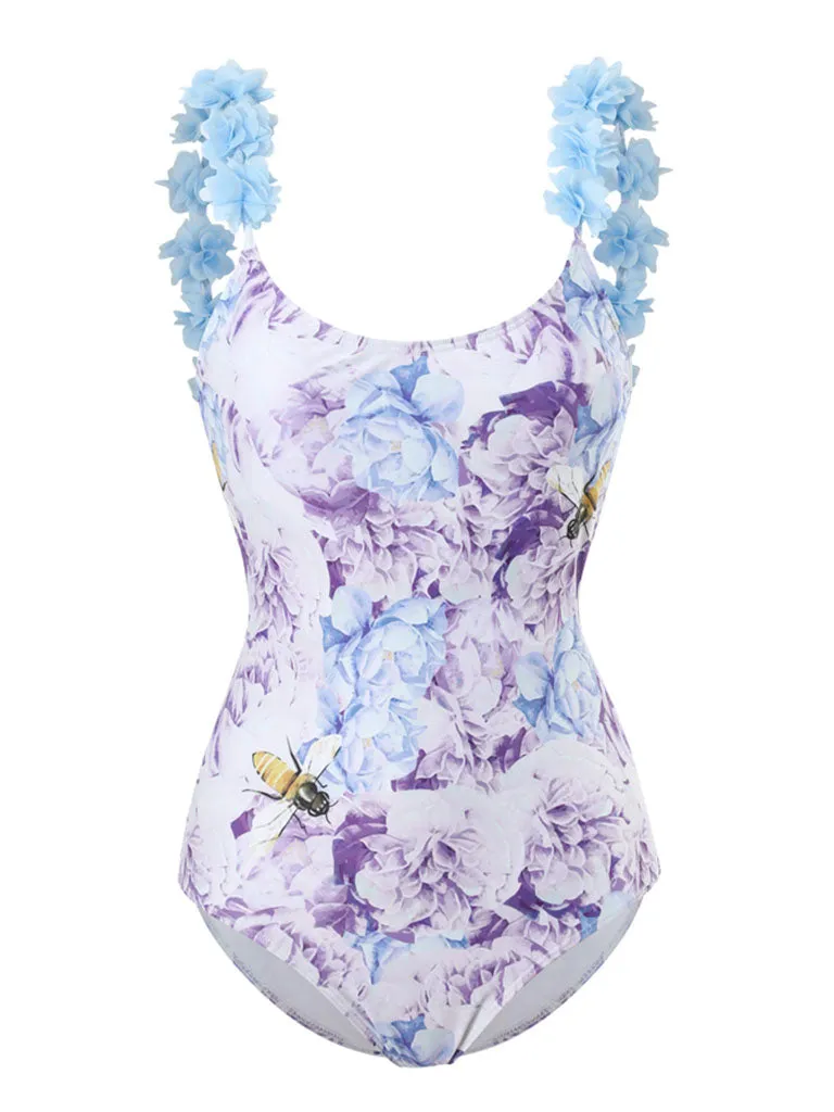 Floral Print Flower Strap One Piece With Bathing Suit Wrap Skirt